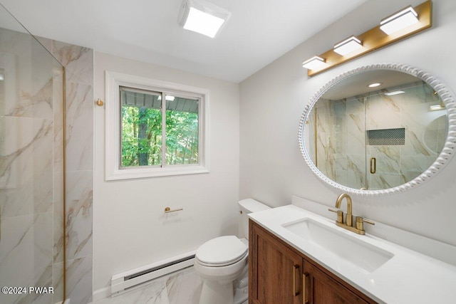 bathroom featuring vanity, a baseboard radiator, a shower with shower door, and toilet