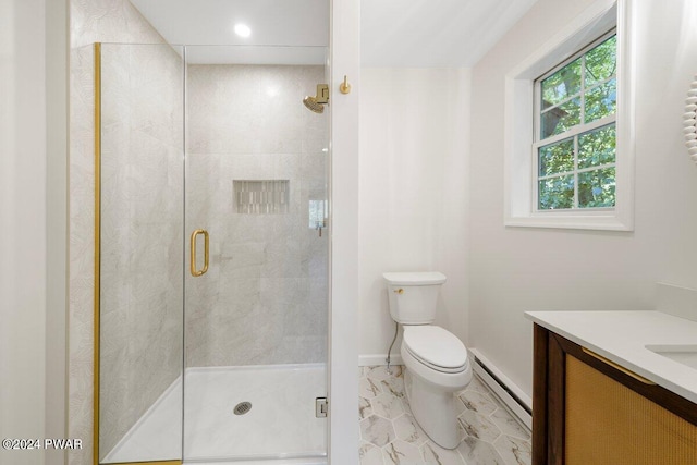 bathroom featuring walk in shower, vanity, toilet, and baseboard heating