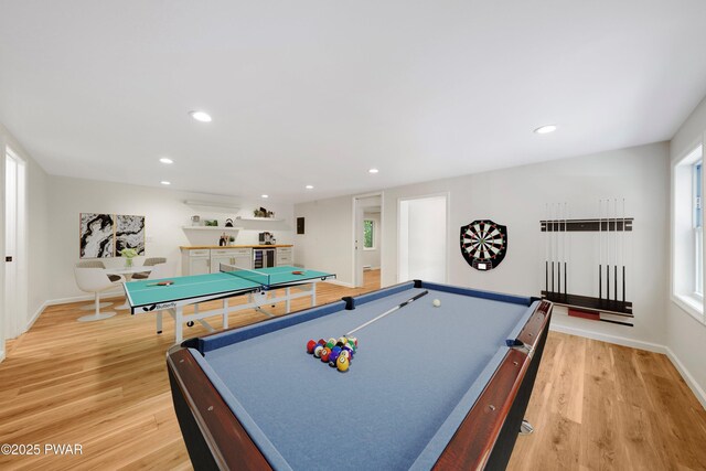 109 Widgeon Ln, Lords Valley, PA 18428 - playroom with light wood finished floors, billiards, bar area, recessed lighting, and beverage cooler