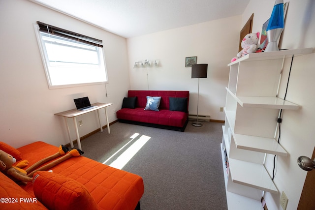 carpeted living room with a baseboard radiator