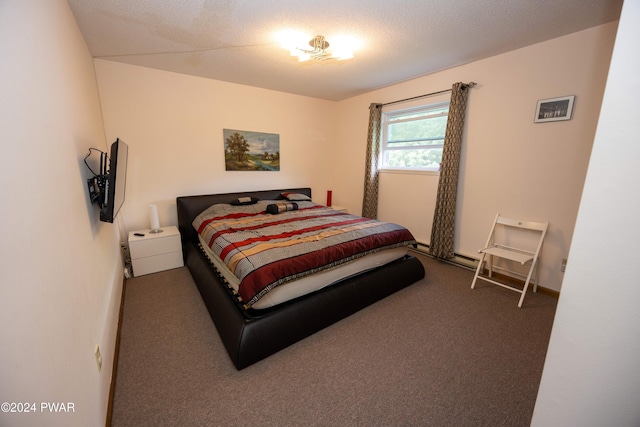 carpeted bedroom with a textured ceiling