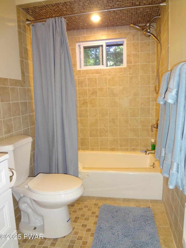115 Eastwood Dr, Greentown, PA 18426 - bathroom with shower / bath combination with curtain, tile walls, tile patterned floors, and vanity