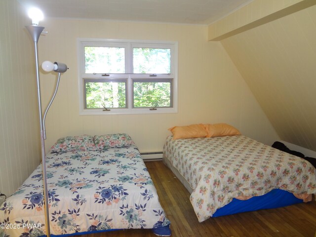 115 Eastwood Dr, Greentown, PA 18426 - bedroom featuring hardwood / wood-style flooring, a baseboard radiator, and lofted ceiling