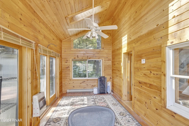 sunroom / solarium with heating unit, ceiling fan, wooden ceiling, and lofted ceiling