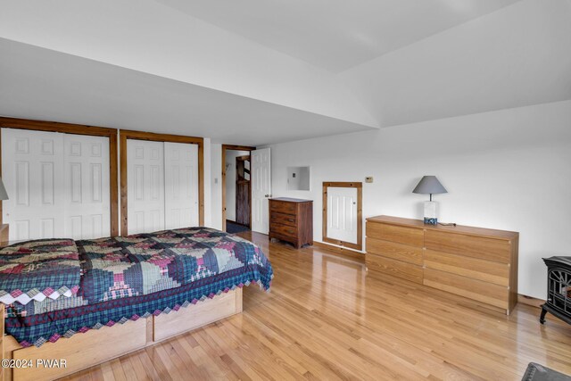 bedroom with a wood stove, multiple closets, and hardwood / wood-style floors