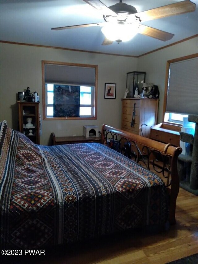 bedroom featuring hardwood / wood-style flooring, ceiling fan, and crown molding