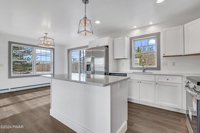 5 Lakeville Ct, Lakeville, PA 18438 - kitchen with a sink, stainless steel appliances, dark wood-style flooring, white cabinets, and recessed lighting
