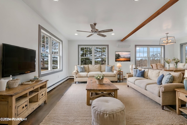 living room with dark wood-type flooring, ceiling fan with notable chandelier, baseboard heating, a wall mounted AC, and beamed ceiling