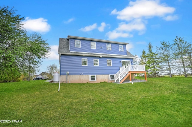 5 Lakeville Ct, Lakeville, PA 18438 - back of house with stairway, a wooden deck, a shingled roof, and a yard
