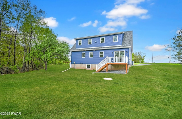5 Lakeville Ct, Lakeville, PA 18438 - rear view of property featuring stairs, a deck, a lawn, and a shingled roof