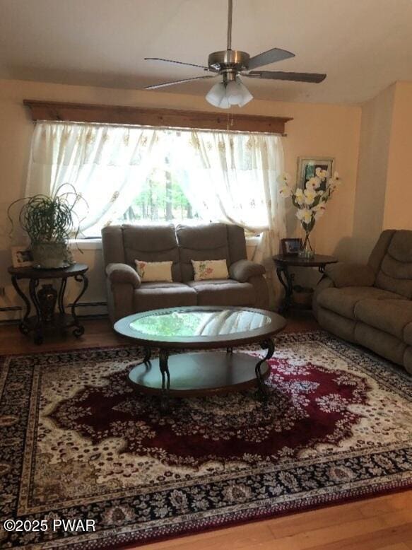 127 E Mulberry Dr, Milford, PA 18337 - living room featuring wood finished floors, healthy amount of natural light, and a ceiling fan