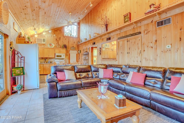 24 Lakeside Dr, Lakeville, PA 18438 - living area with wood ceiling, light tile patterned floors, visible vents, wooden walls, and high vaulted ceiling