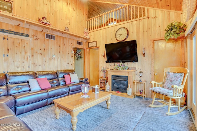 24 Lakeside Dr, Lakeville, PA 18438 - living room featuring wood ceiling, high vaulted ceiling, wood walls, and visible vents