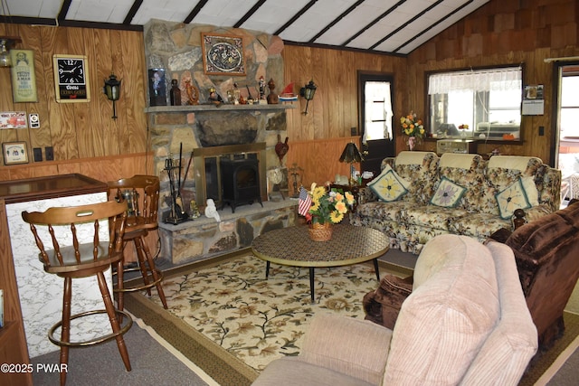 121 Mountain View Dr, Lords Valley, PA 18428 - living area featuring wood walls and lofted ceiling