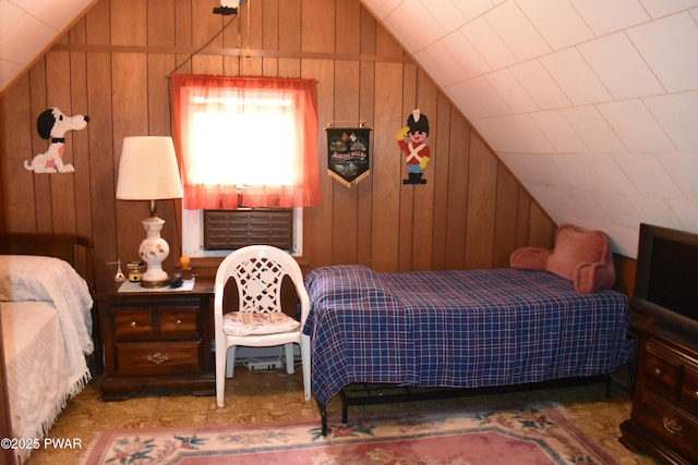 121 Mountain View Dr, Lords Valley, PA 18428 - bedroom featuring lofted ceiling, wooden walls, and cooling unit