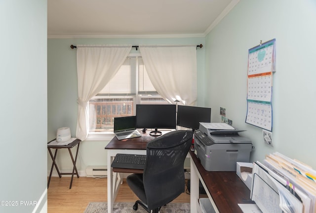 home office featuring wood-type flooring, a baseboard heating unit, and crown molding