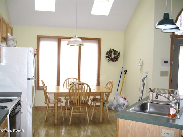 kitchen featuring hardwood / wood-style floors, electric range, a healthy amount of sunlight, and sink