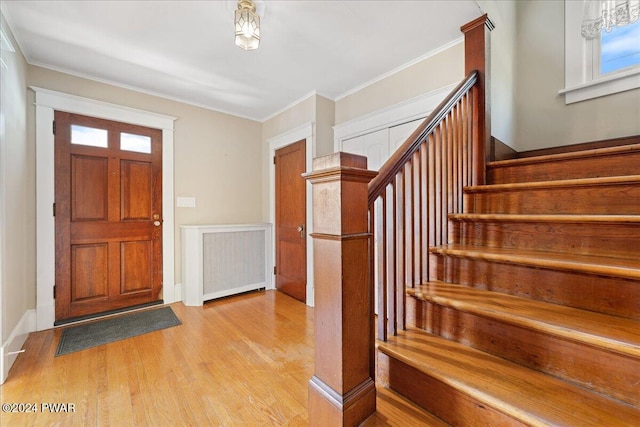 entryway featuring light wood-type flooring, a wealth of natural light, and crown molding