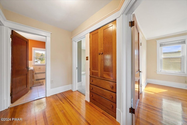 corridor with radiator heating unit and light hardwood / wood-style floors