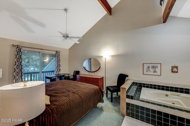 bedroom with high vaulted ceiling, access to exterior, ceiling fan, light carpet, and beam ceiling