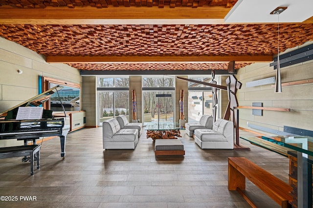 122 Overlook Ln, Lords Valley, PA 18428 - living area with hardwood / wood-style flooring, beamed ceiling, and wooden walls