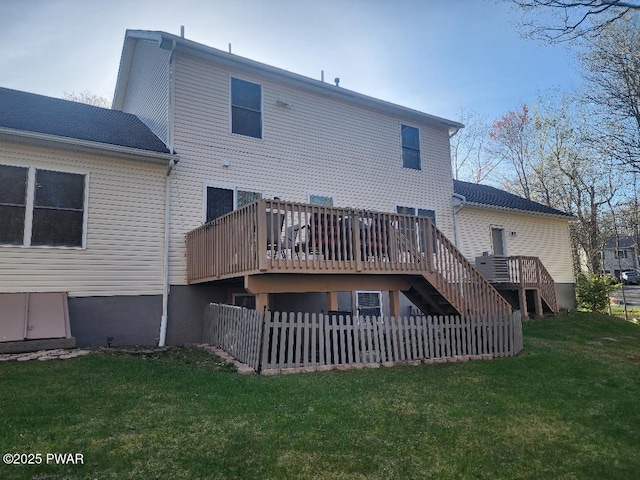 814 Clearview Dr, Long Pond, PA 18334 - back of house with stairway, a deck, fence, and a lawn