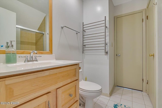 115 Washington Dr, Lords Valley, PA 18428 - bathroom featuring radiator heating unit, vanity, tile patterned flooring, a tile shower, and a towel warming rack