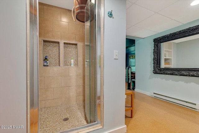 115 Washington Dr, Lords Valley, PA 18428 - full bathroom with a baseboard radiator, a stall shower, and a drop ceiling