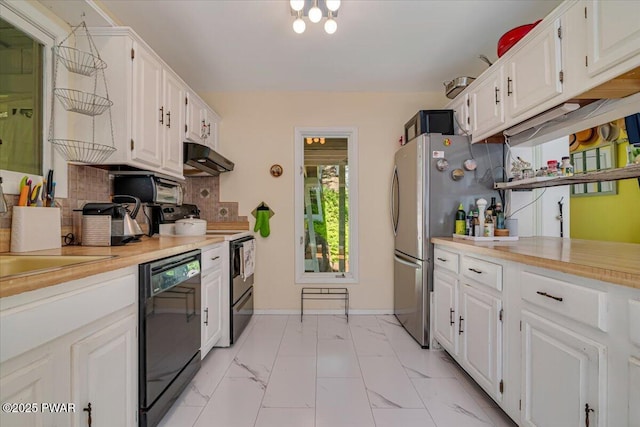115 Washington Dr, Lords Valley, PA 18428 - kitchen featuring black appliances, under cabinet range hood, white cabinetry, light countertops, and tasteful backsplash