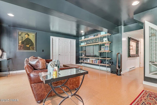 115 Washington Dr, Lords Valley, PA 18428 - living room featuring a baseboard heating unit and recessed lighting