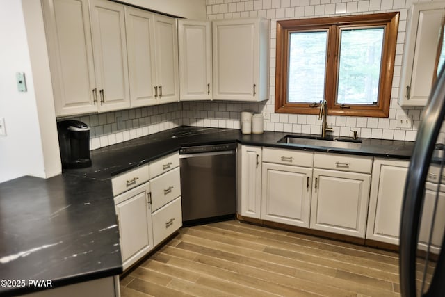 216 Canterbrook Dr, Lords Valley, PA 18328 - kitchen with dishwasher, backsplash, wood finished floors, and white cabinets