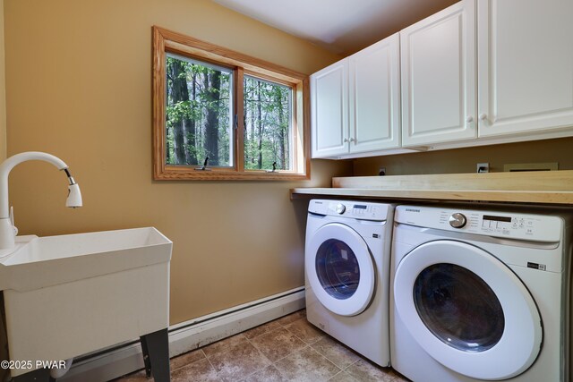 2766 Owego Tpke, Hawley, PA 18428 - laundry area featuring washer and clothes dryer, cabinet space, baseboards, and a baseboard radiator
