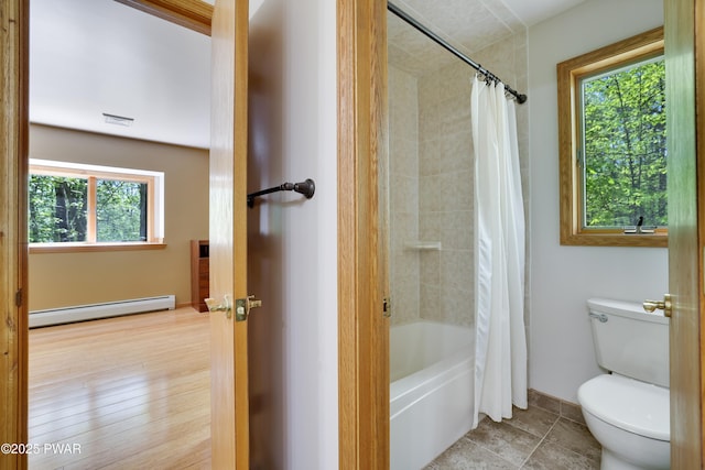 2766 Owego Tpke, Hawley, PA 18428 - full bathroom with a baseboard radiator, healthy amount of natural light, toilet, and shower / tub combo with curtain