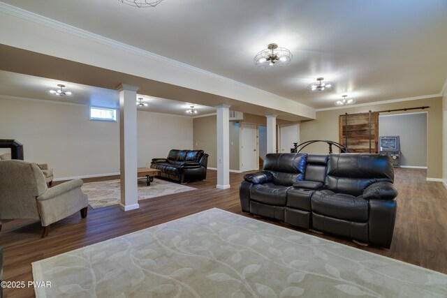 2766 Owego Tpke, Hawley, PA 18428 - living room with ornate columns, crown molding, wood finished floors, and baseboards