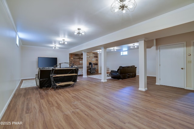 2766 Owego Tpke, Hawley, PA 18428 - living room featuring ornate columns, wood finished floors, ornamental molding, and baseboards