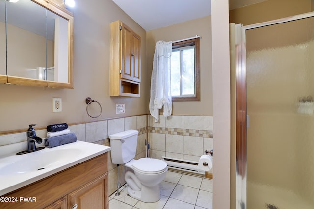 bathroom with tile patterned flooring, baseboard heating, tile walls, and an enclosed shower