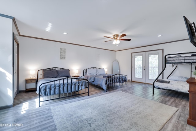 bedroom featuring french doors, access to outside, ceiling fan, crown molding, and wood-type flooring