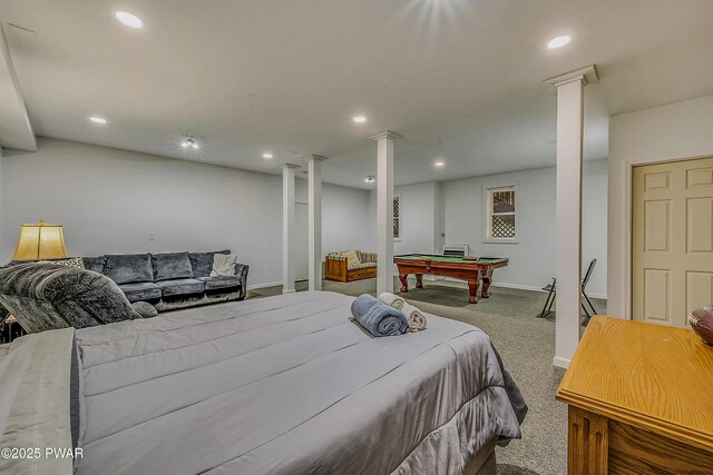 1011 Salem Pl, Lake Ariel, PA 18436 - carpeted bedroom with recessed lighting, billiards table, ornate columns, and baseboards