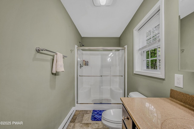 1011 Salem Pl, Lake Ariel, PA 18436 - full bathroom featuring toilet, a stall shower, baseboards, vanity, and baseboard heating