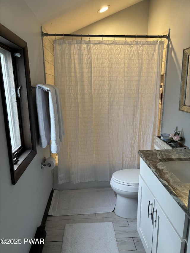 1267 Brookfield Rd, Lake Ariel, PA 18436 - bathroom featuring vanity, shower / bath combo with shower curtain, lofted ceiling, and recessed lighting