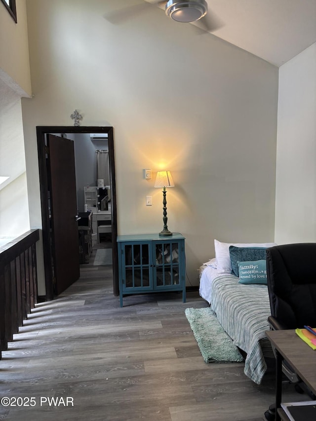 1267 Brookfield Rd, Lake Ariel, PA 18436 - living area with wood finished floors, a ceiling fan, and lofted ceiling