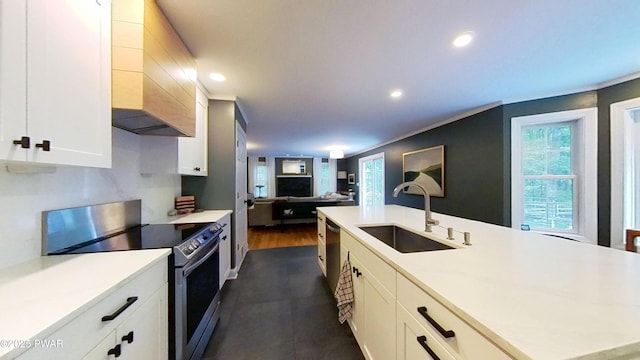 401 Log Tavern Rd, Milford, PA 18337 - kitchen featuring appliances with stainless steel finishes, light countertops, plenty of natural light, recessed lighting, and crown molding