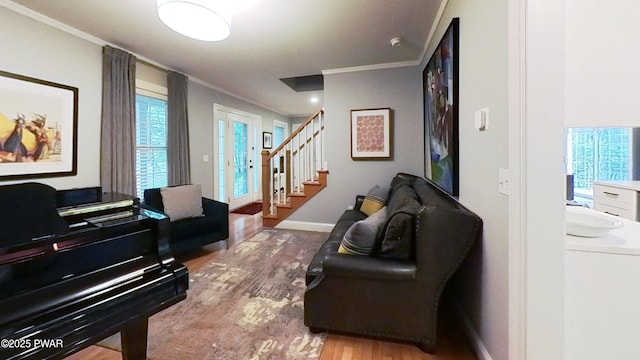 401 Log Tavern Rd, Milford, PA 18337 - living room featuring wood finished floors, crown molding, and stairway