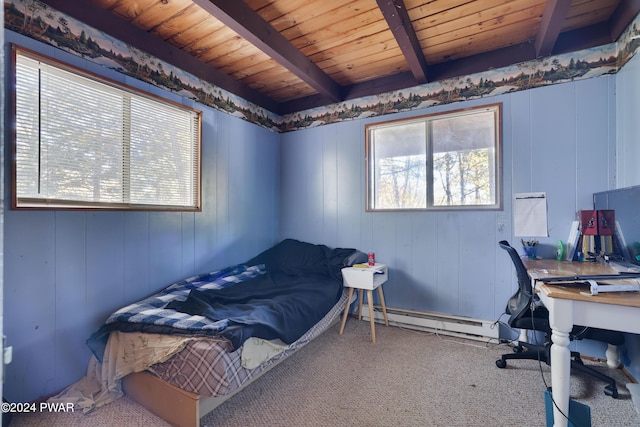 bedroom with wooden ceiling, wooden walls, carpet flooring, baseboard heating, and beamed ceiling