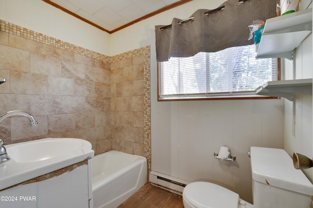 bathroom with hardwood / wood-style floors, vanity, crown molding, toilet, and a baseboard radiator