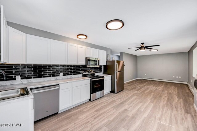 1412 Woodview Ter # 56, Lake Ariel, PA 18436 - kitchen with appliances with stainless steel finishes, a ceiling fan, tasteful backsplash, and white cabinets