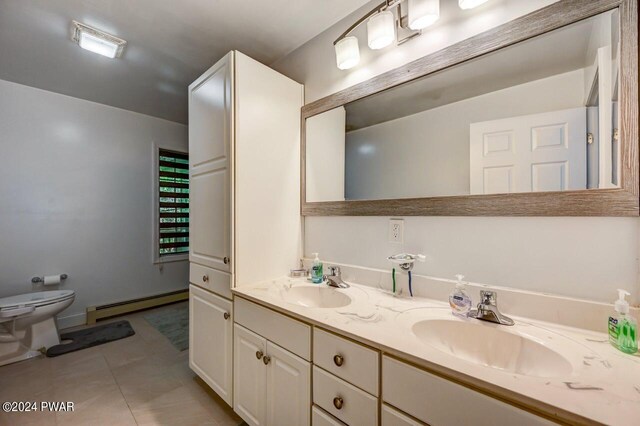 1412 Woodview Ter # 56, Lake Ariel, PA 18436 - full bath featuring baseboard heating, double vanity, tile patterned floors, and toilet