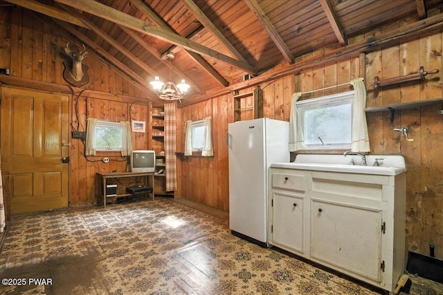 193 Old Rte 402, Dingmans Ferry, PA 18328 - kitchen featuring wood walls, open shelves, a chandelier, plenty of natural light, and wooden ceiling