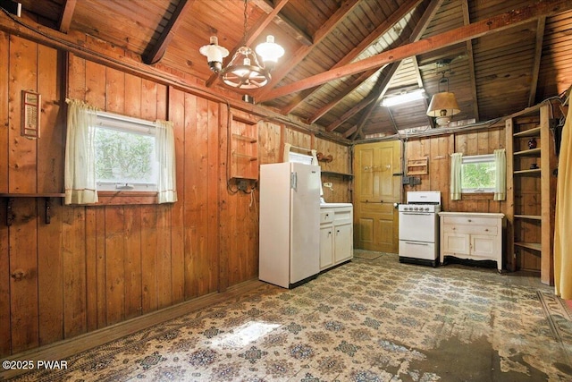 193 Old Rte 402, Dingmans Ferry, PA 18328 - kitchen featuring white appliances, wood walls, a chandelier, wood ceiling, and hanging light fixtures