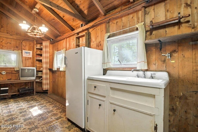193 Old Rte 402, Dingmans Ferry, PA 18328 - kitchen with wooden walls, wood ceiling, freestanding refrigerator, tile patterned floors, and pendant lighting